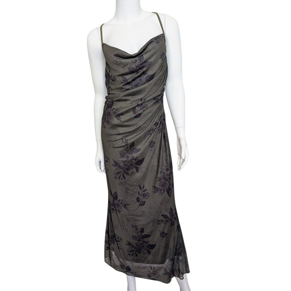 Cowl Neck Slip Dress Medium Mesh Dark Floral Maxi Open Back Forest Fairy 90s Y2K